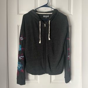 Grey Zip Up with Flower Stitching on Sleeves